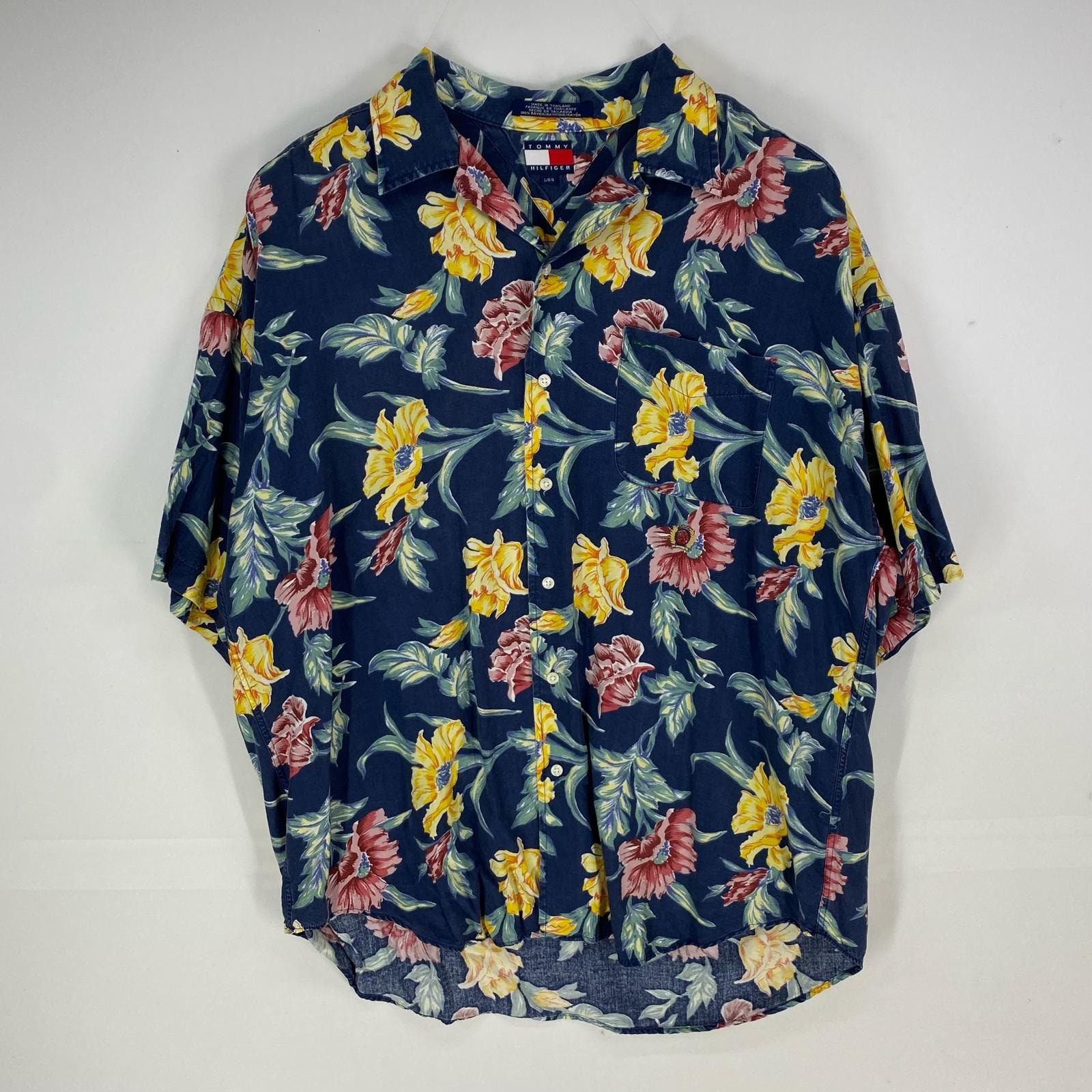 古着 90's/90年代 トミーヒルフィガー TOMMY HILFIGER 半袖シャツ アロハ オープンカラー レーヨンシャツ L ネイビー系 メンズ