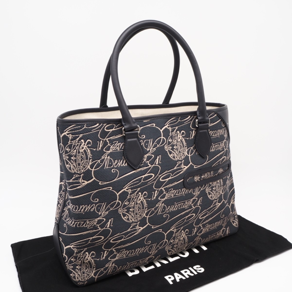 極美品 Berluti ベルルッティ デニムジャカード トゥジュール ジャカード デニム スクリット トートバッグ M257803 B02 ハンドバッグ ネイビー グレー デニム メンズ