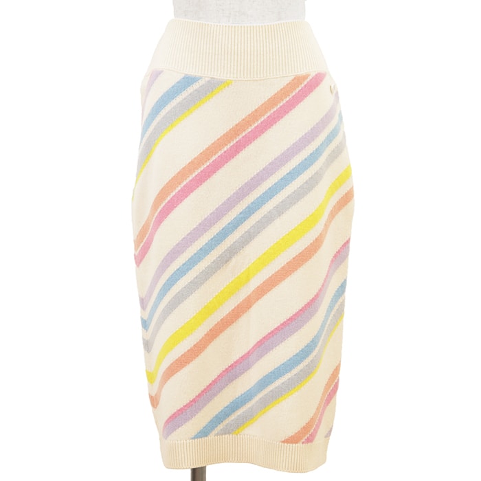 【新品同様】CHANEL シャネル ニットスカート サイズ 38 レディース P60514 カシミヤ100% マルチカラーストライプ レインボー 虹 ボトムス アイボリー イギリス製 カール・ラガーフェルド期