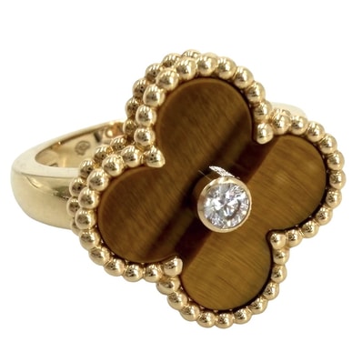 Van Cleef & Arpels ヴァンクリーフ&アーペル 指輪 ヴィンテージアルハンブラ リング 48 K18イエローゴールド タイガーアイ 約8号 VCARD40948 ブラウン 茶 レディース 約6.7g【中古品】