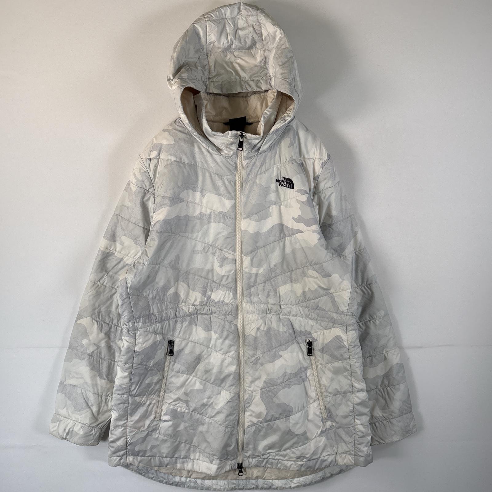 古着 ザ・ノースフェイス THE NORTH FACE 中綿ジャケット ロングコート ワンポイントロゴ カモフラ柄 XL ホワイト レディース