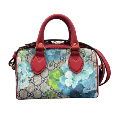 GUCCI 展示品級 グッチ GGブルームス GGスプリーム 2way ハンドバッグ ショルダーバッグ 546312 PVC レザー ベージュ レッド ブルー クロスボディ ポシェット ミニボストン 花柄 フラワー SAランク 中古 鑑定済 グッチバッグ