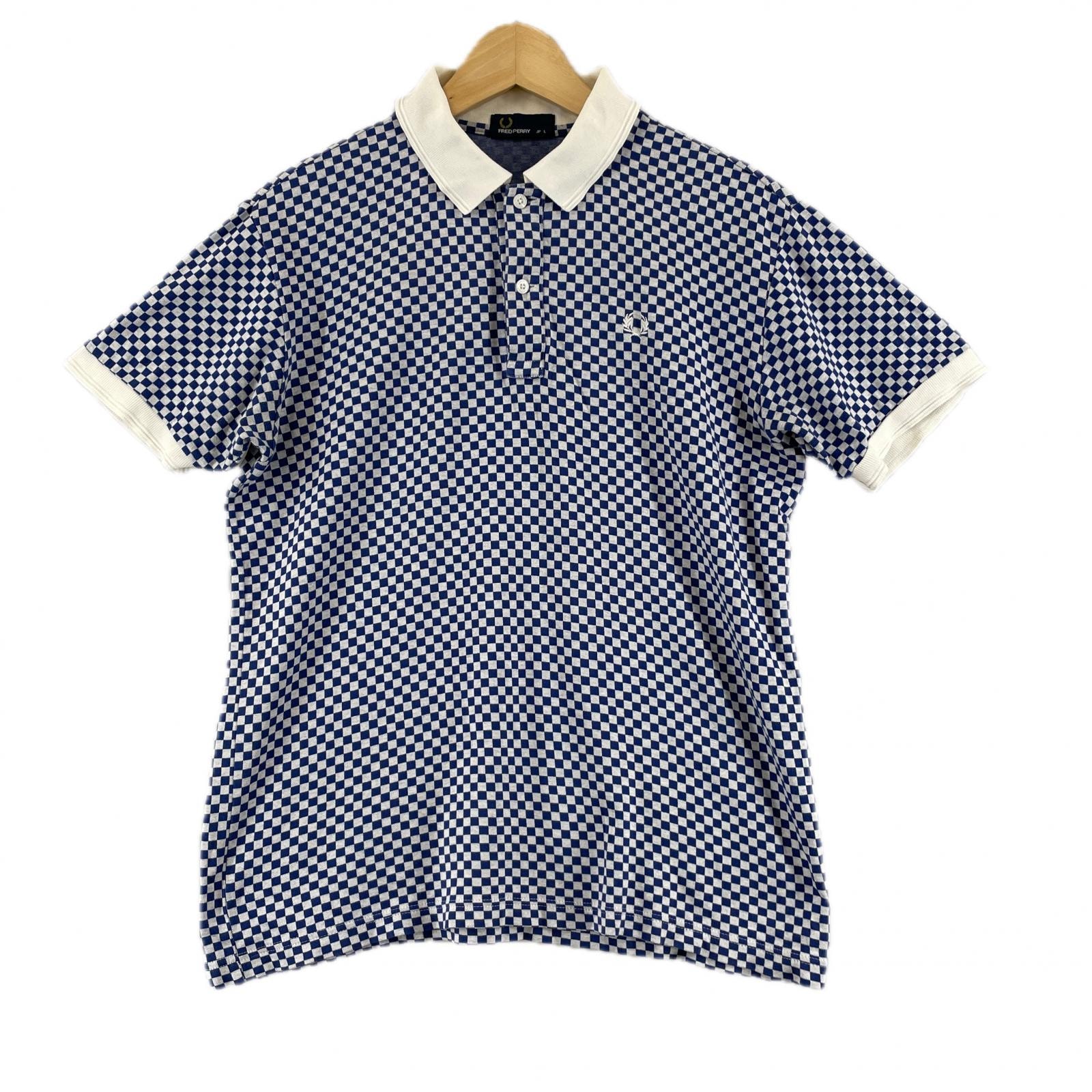 美品 FRED PERRY フレッドペリー チェック 春夏 SS ポロシャツ コットン ホワイト メンズ L 市松模様【古着】【中古】