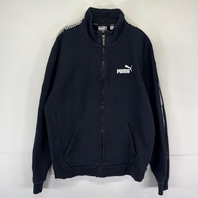古着 プーマ PUMA ジャケット トラックジャケット 袖デザイン ロゴプリント スウェット M ブラック系 メンズ