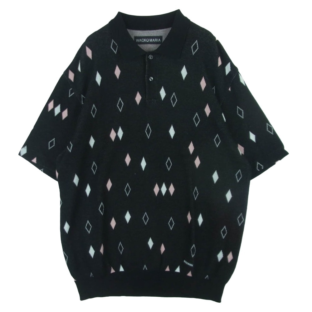 WACKO MARIA ワコマリア 25SS DIAMOND JACQUARD KNIT POLO SHIRT ダイアモンド ジャカード ニット ポロシャツ 半袖 スキッパー シャツ ブラック系 ピンク系 ホワイト系 L【中古】
