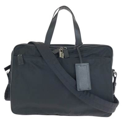 美品 PRADA プラダ テスート サフィアーノ 三角ロゴプレート 2way ブラック 黒 シルバー金具 ナイロン レザー/ ビジネスバッグ ブリーフケース ショルダーバッグ 601636 【中古】