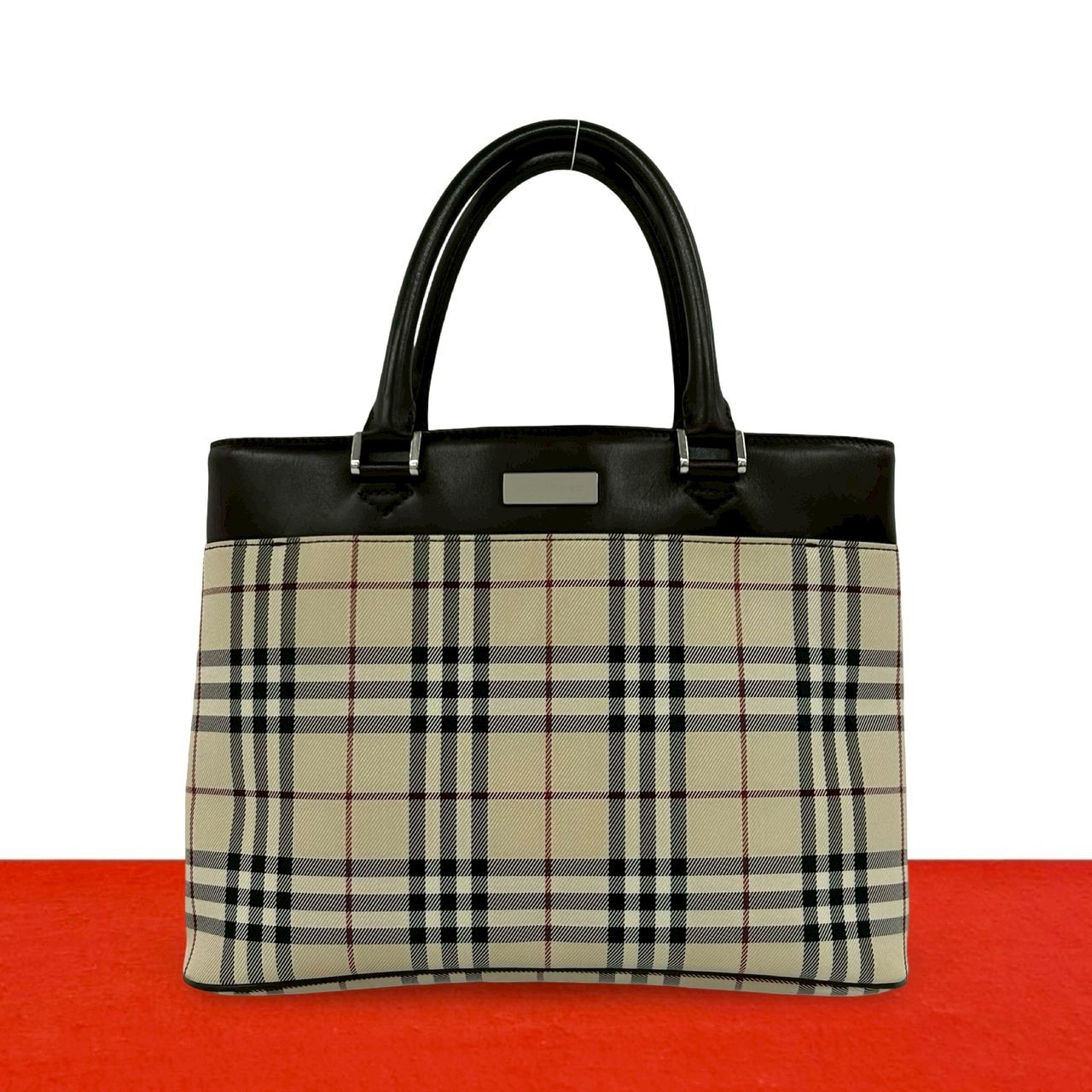 BURBERRY バーバリー ノバチェック 柄 ロゴ 金具 キャンバス レザー ハンドバッグ ブラウン
 29420