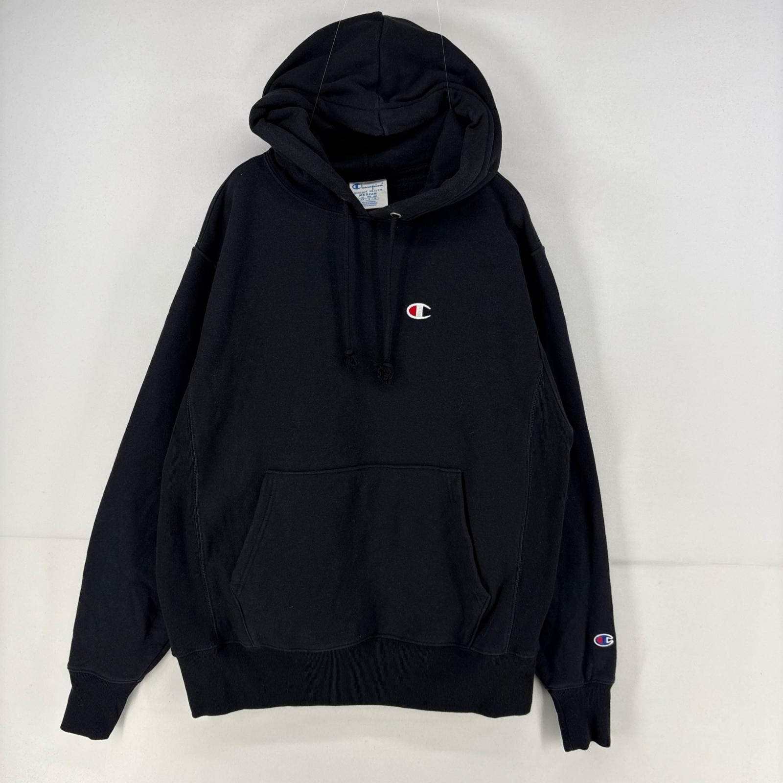 古着 チャンピオン Champion パーカー プルオーバー ワンポイント 刺繍 リバースウィーブ スウェット M  ブラック メンズ