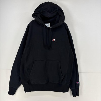 古着 チャンピオン Champion パーカー プルオーバー ワンポイント 刺繍 リバースウィーブ スウェット M ブラック メンズ