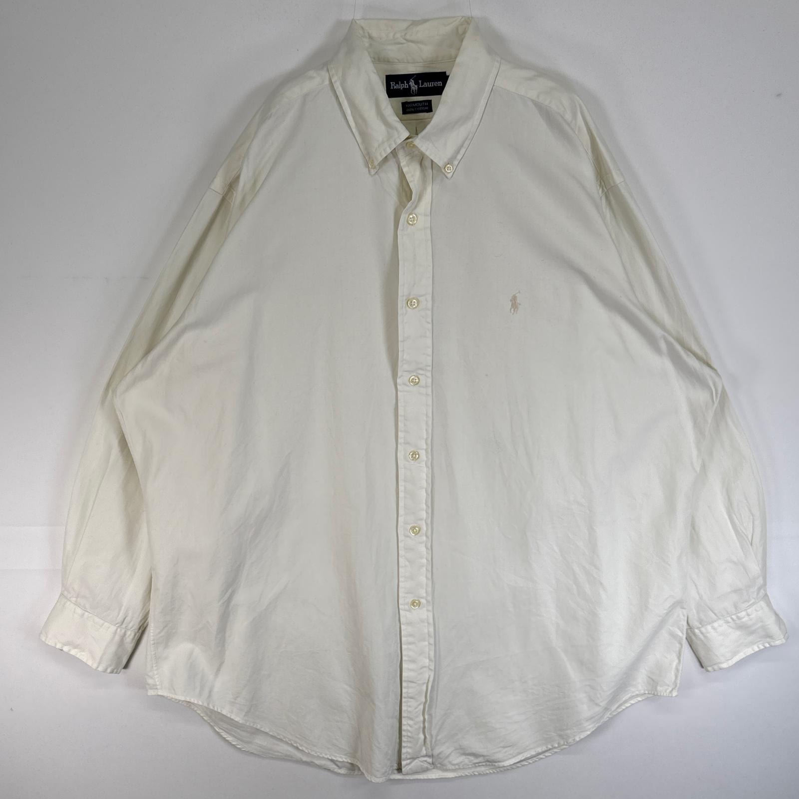 古着 ラルフローレン RALPH LAUREN ヘリンボーン 長袖シャツ ロゴ 刺繍 ボタンダウン L  ホワイト系 無地 メンズ