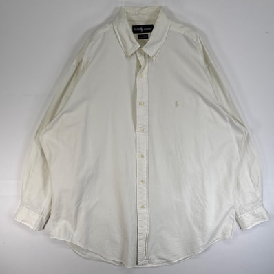古着 ラルフローレン RALPH LAUREN ヘリンボーン 長袖シャツ ロゴ 刺繍 ボタンダウン L ホワイト系 無地 メンズ