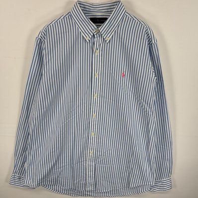 古着 ラルフローレン RALPH LAUREN 長袖シャツ ボタンダウンシャツ ワンポイント ロゴ 刺繍 大きいサイズ XL ブルー系 ストライプ メンズ