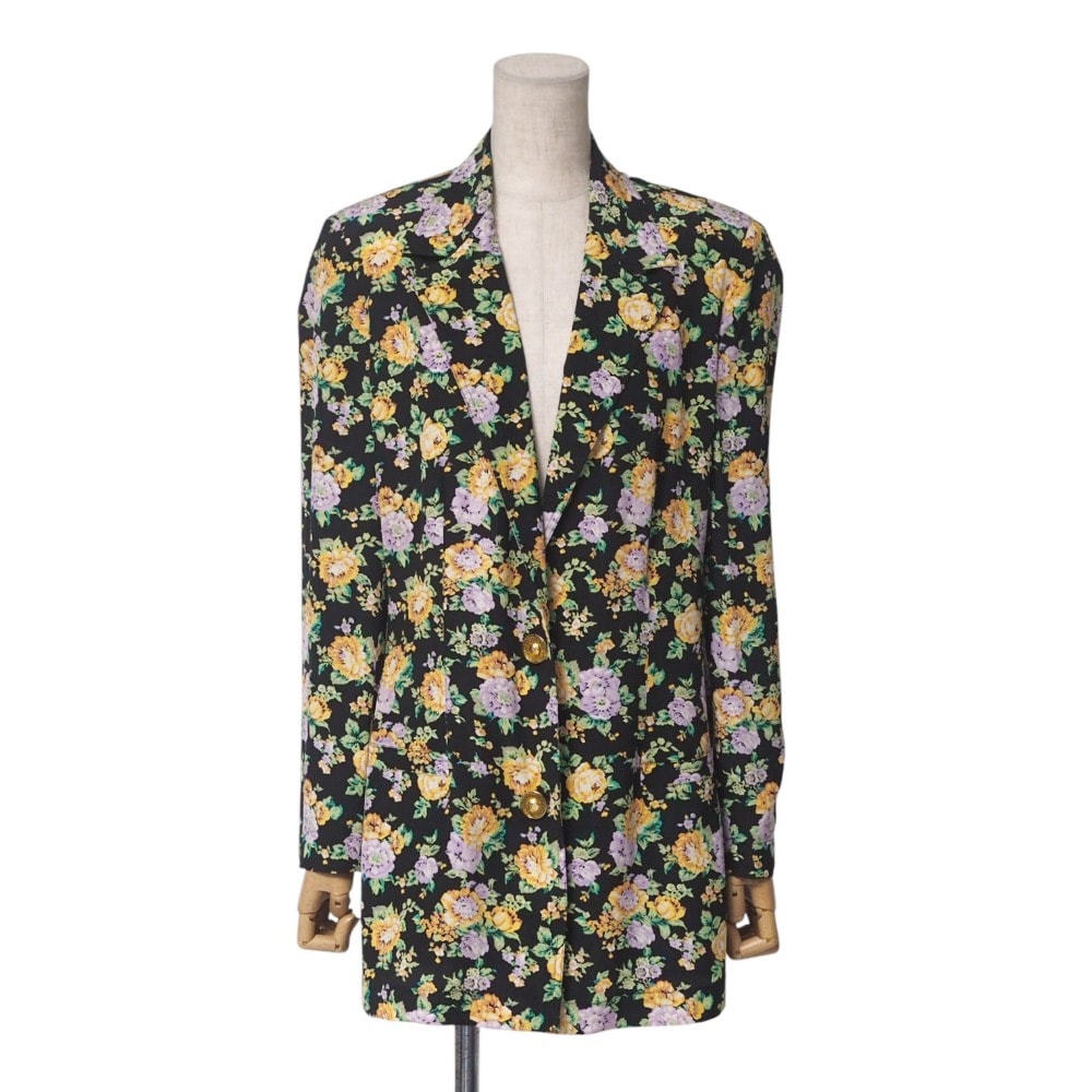 Gianni Versace ジャンニ・ヴェルサーチ ヴィンテージ ジャケット サイズ38 テーラージャケット メデューサ 花柄 ブラック イタリア製 ブランド古着【中古】20250414/RA4207