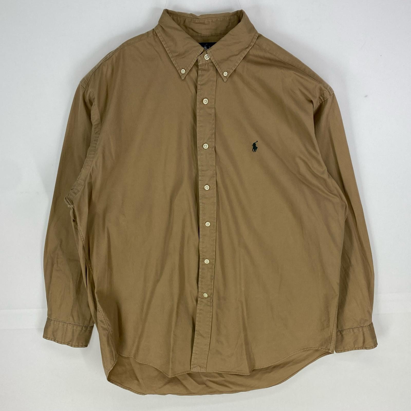 古着 ラルフローレン RALPH LAUREN 長袖シャツ ワンポイント オックスフォード ボタンダウン ロングスリーブ L  ベージュ系 メンズ