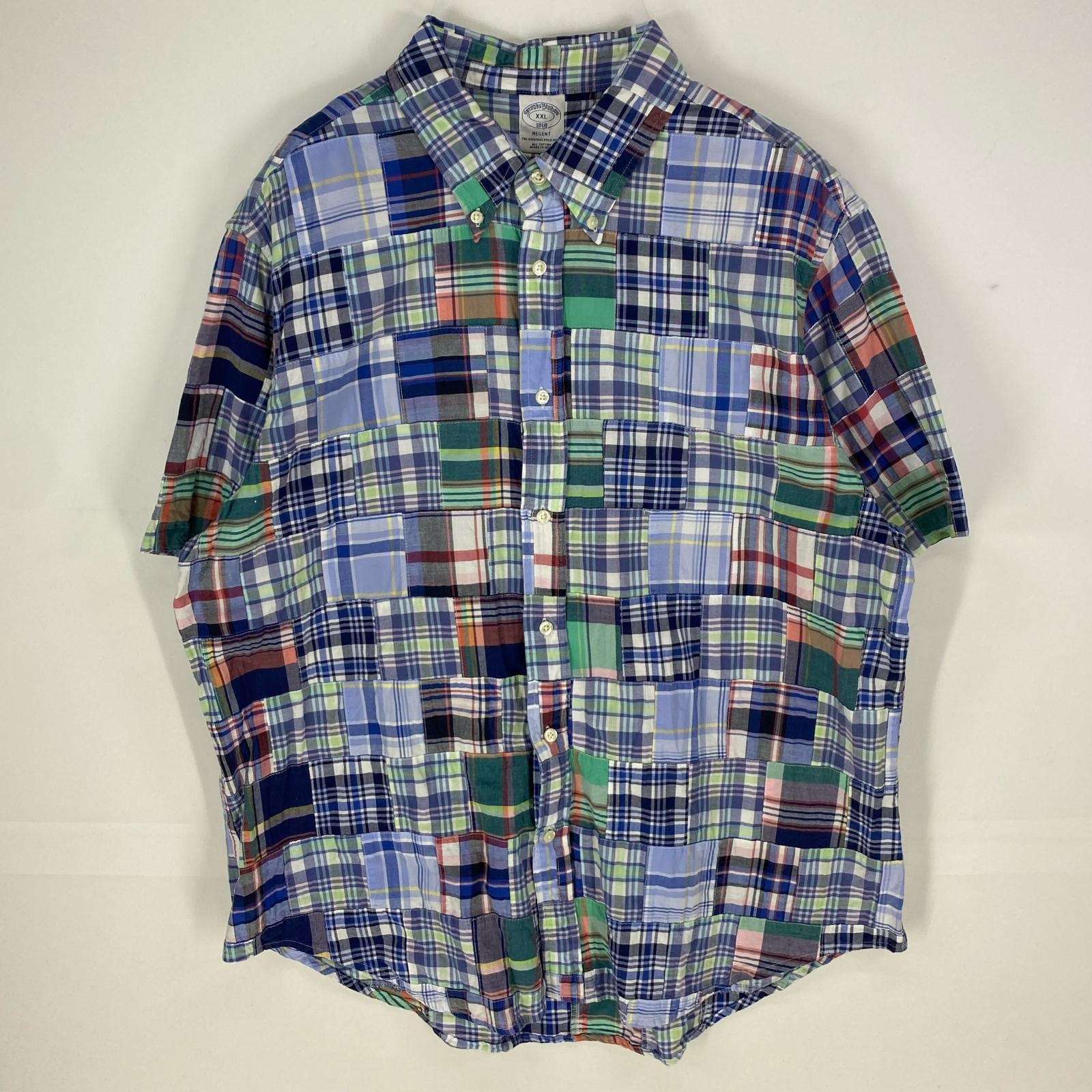 古着 ブルックスブラザーズ Brooks Brothers 半袖シャツ ボタンダウン パッチワーク REGENT 1818 2XL ブルー系 チェック メンズ
