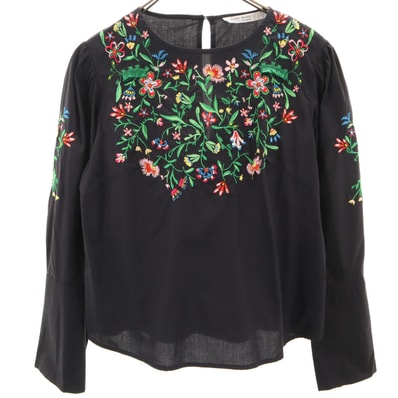 ZARA BASIC ザラベーシック 花刺繍 長袖 プルオーバー ブラウス XS ブラック