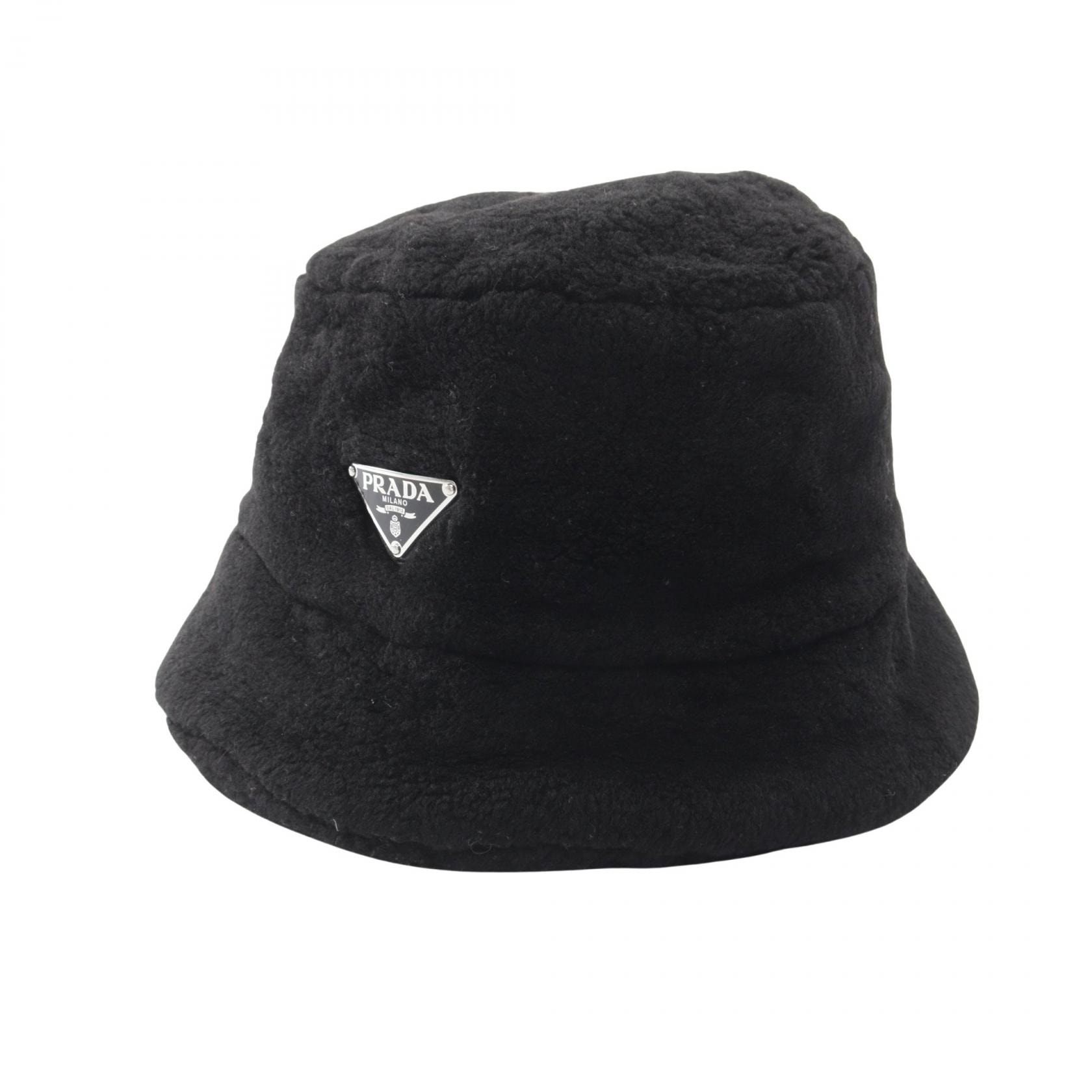 プラダ PRADA 三角プレート バケット ハット 帽子 シープスキン レディース ブラック系 【中古】