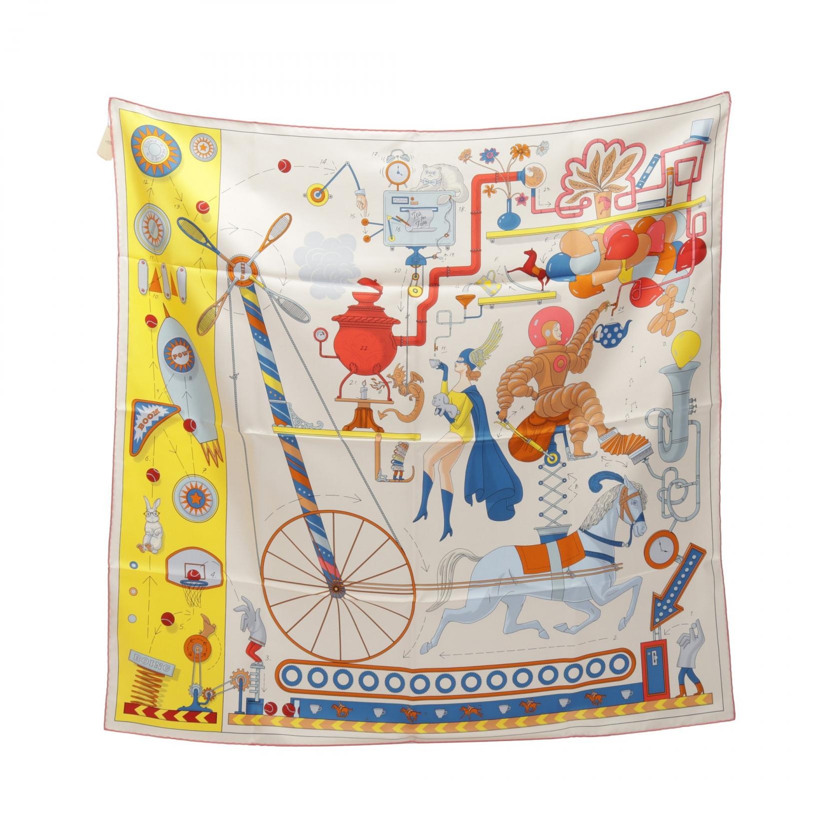 エルメス HERMES カレ90 Tea for Two スカーフ 衣料品 シルク シルク レディース ホワイト系 / イエロー系 / マルチカラー 【中古】
