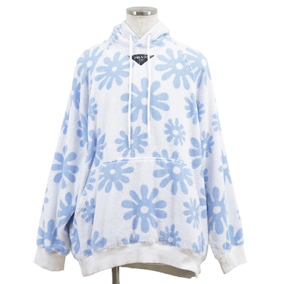【美品】PRADA プラダ パイル スウェット サイズ M メンズ フローラル カンガルーポケット トライアングルロゴ ロゴプレート フーディー パーカー プルオーバー トップス ホワイト サックスブルー 白 青 イタリア製