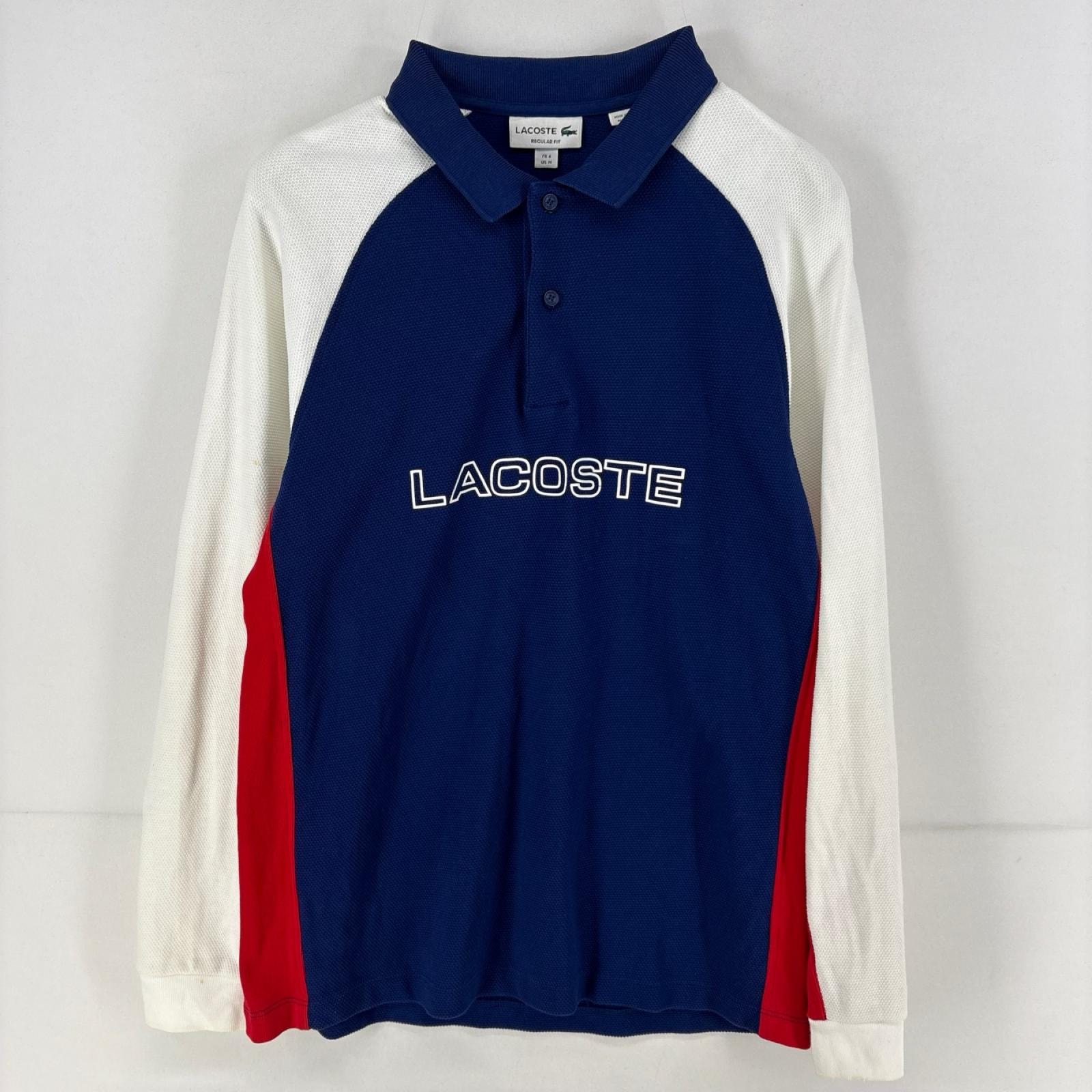 古着 ラコステ LACOSTE 長袖シャツ ワンポイント ラガーシャツ ポロシャツ ロゴ 鹿の子 マルチカラー プリント M  ネイビー メンズ