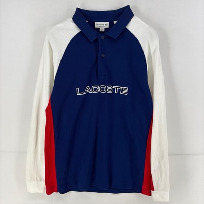 古着 ラコステ LACOSTE 長袖シャツ ワンポイント ラガーシャツ ポロシャツ ロゴ 鹿の子 マルチカラー プリント M ネイビー メンズ