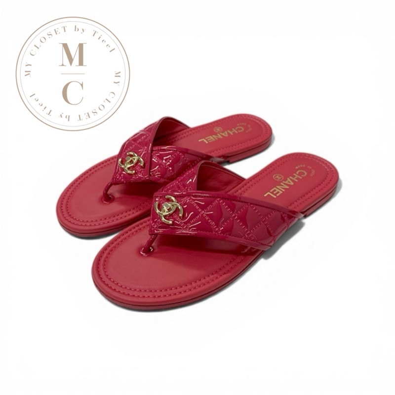 シャネル CHANEL サンダル 靴 シューズ パテント ピンク ゴールド ココマーク マトラッセ トングサンダル フラットサンダル