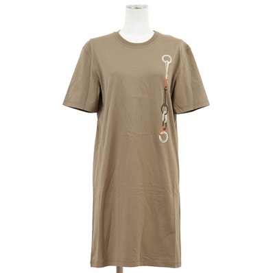 【美品】HERMES エルメス ワンピース サイズ 36 レディース 2024AW 4H4517DA Tシャツ コットン100% プリント クルーネック ドレス カーキ フランス製