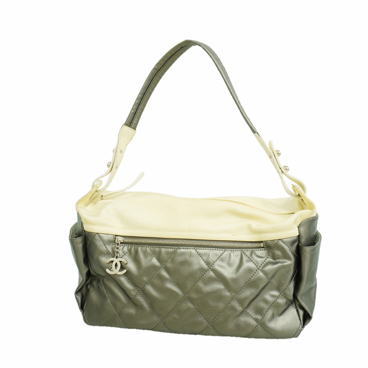 【6hf6438】シャネル ショルダーバッグ パリビアリッツ コーティングキャンバス グレー シルバー金具【中古】レディース