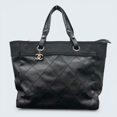 CHANEL 極美品 シャネル パリビアリッツ MM A34209 トートバッグ コーティングキャンバス レザー ナイロン 11番台シリアル ハンドバッグ シルバー金具 ココマーク Aランク 鑑定済 中古 シャネルバッグ