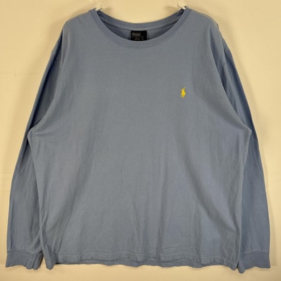 古着 90's/90年代 ポロバイラルフローレン Polo by Ralph Lauren 長袖Tシャツ ワンポイント ロゴ 刺繍 大きいサイズ クルーネック XL 水色 無地 メンズ