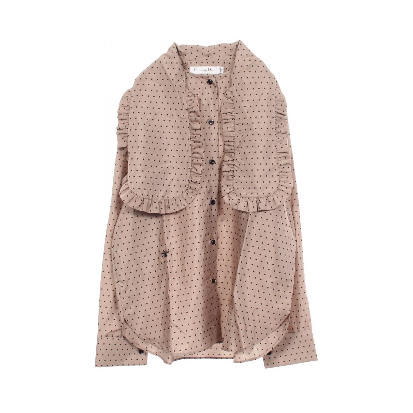 ディオール Dior ボウタイ フリル ドット 長袖 ブラウス 衣料品 トップス シルク レディース ベージュ系 【中古】