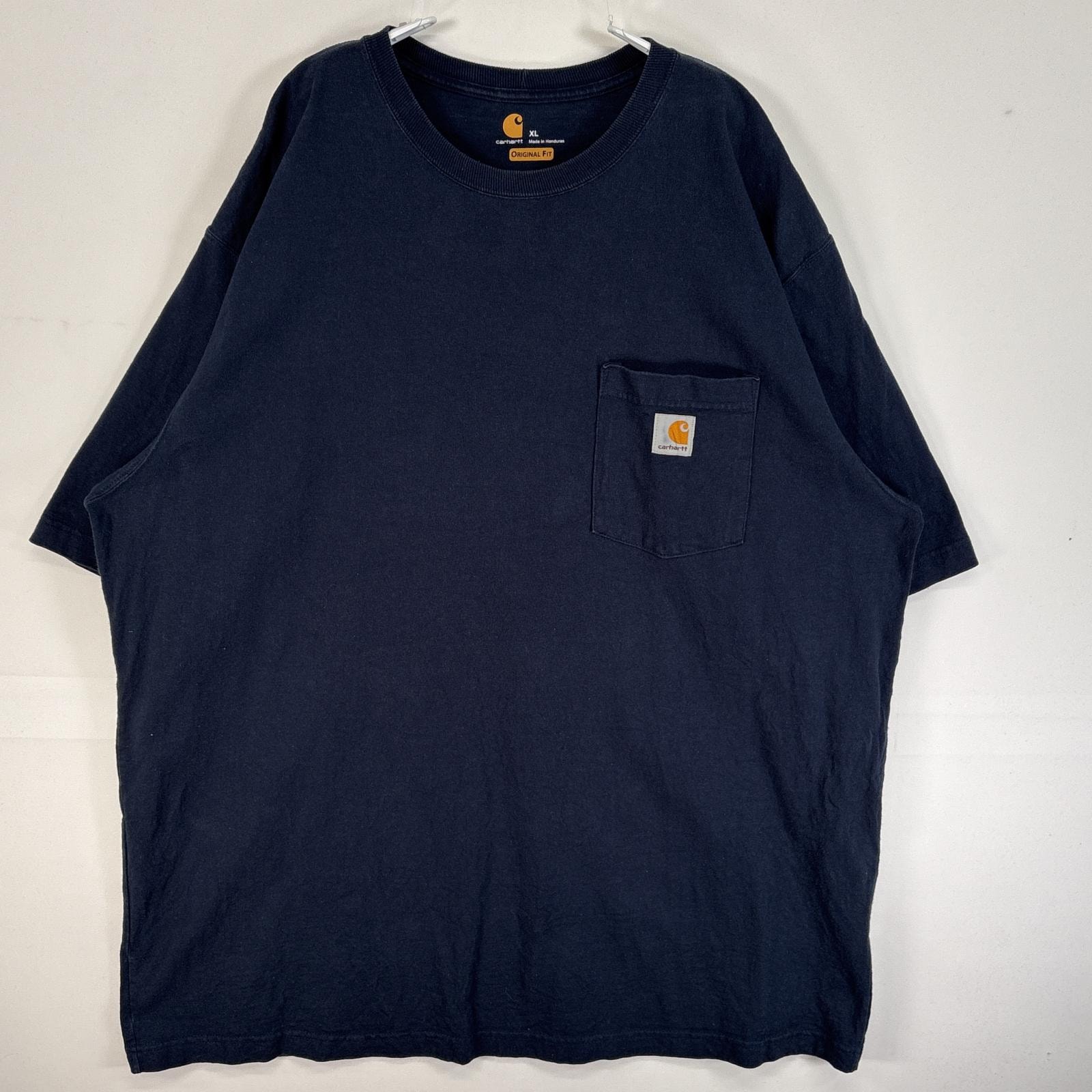 古着 カーハート Carhartt 半袖Tシャツ 大きいサイズ 肉厚 ワンポイント ロゴ 胸ポケ XL  ネイビー 無地 メンズ