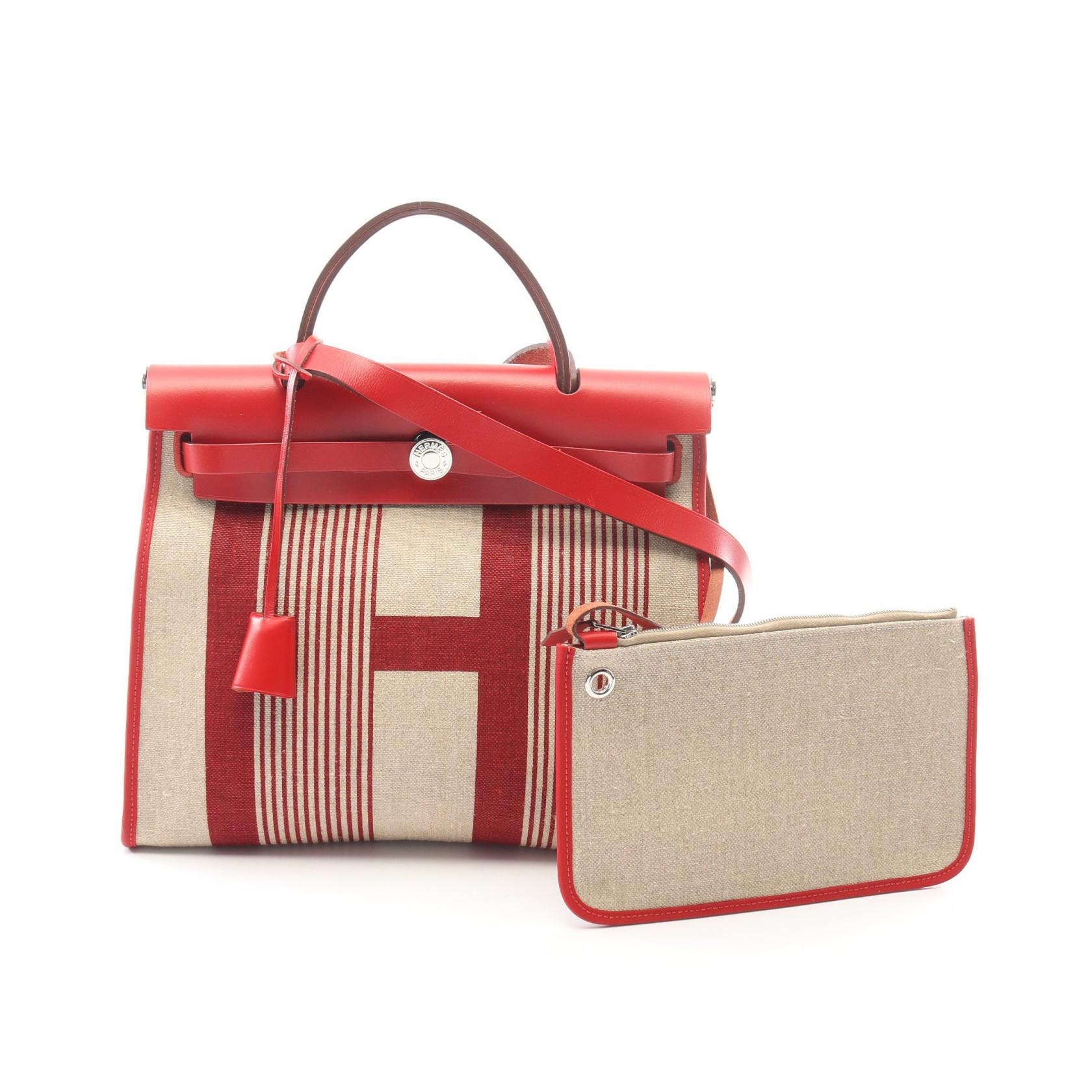 エルメス HERMES エールバッグジップ Hヴィブラシオン 2WAY ハンドバッグ バッグ キャンバス レザー トワルドゥキャンプ / ヴァッシュハンター ヴァッシュハンター フィセル D刻印(2019年製造) レディース ベージュ系 / レッド系 【中古】