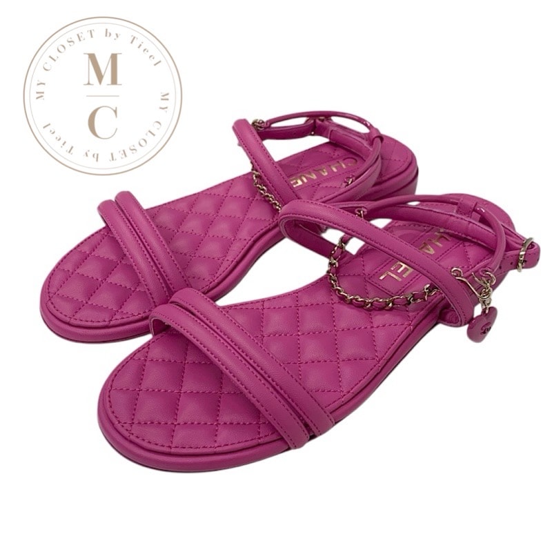 シャネル CHANEL サンダル 靴 シューズ レザー ピンク ゴールド マトラッセ ココマーク ハート チェーン ストラップ フラット