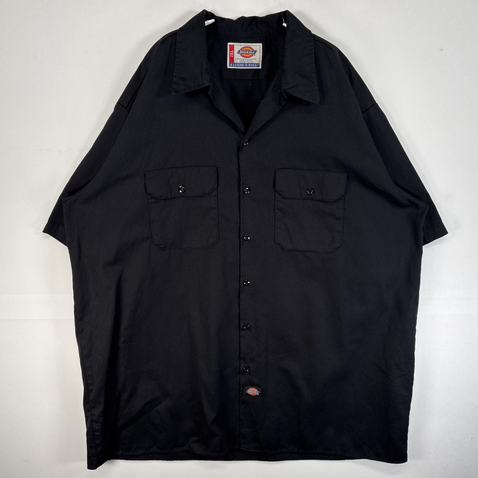 古着 ディッキーズ Dickies 半袖シャツ ワーク 作業着 フラップポケ 大きいサイズ フラップポケ ワンポイント ロゴ 2XL  ブラック 無地 メンズ