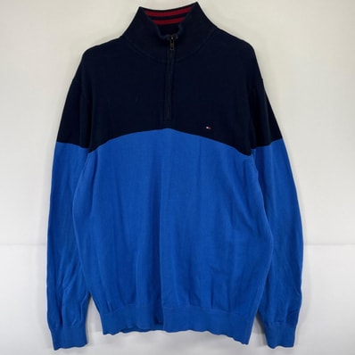 古着 トミーヒルフィガー TOMMY HILFIGER ニット ハーフジップ 大きいサイズ ワンポイント ロゴ プルオーバー 2XL ブルー系 メンズ