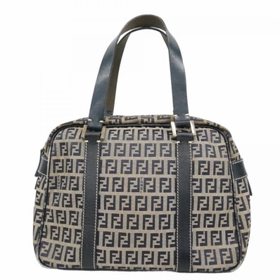 【6dc2387】フェンディ ハンドバッグ ズッキーノ ナイロンキャンバス ネイビー ベージュ シルバー金具【中古】レディース