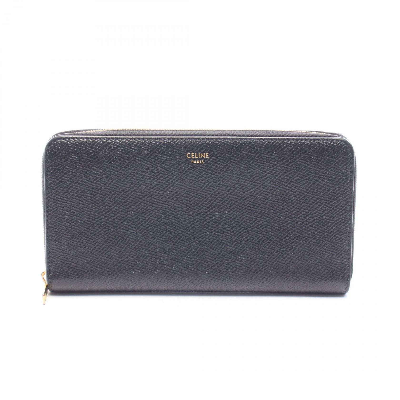 セリーヌ CELINE ラージ ジップドウォレット ラウンド長財布 財布 レザー レディース ブラック系 【中古】