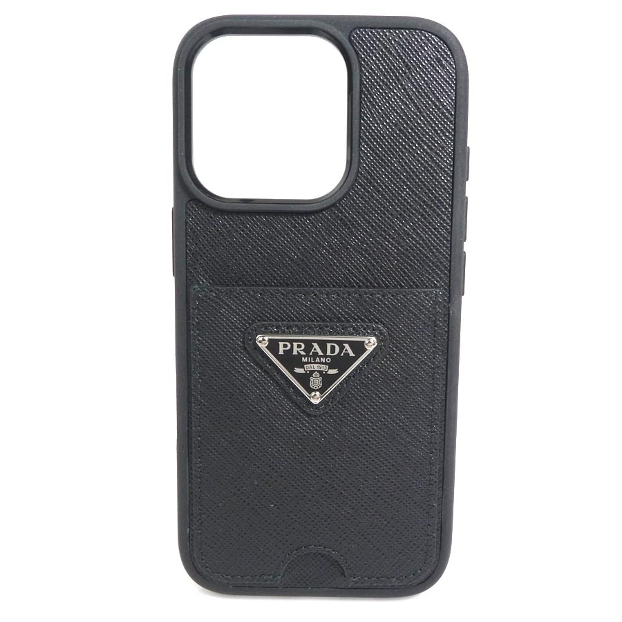 プラダ PRADA スマートフォンケース iPhone15 Pro シリコン/レザー ブラック ユニセックス【中古】 r11199k
