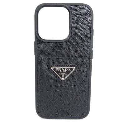 プラダ PRADA スマートフォンケース iPhone15 Pro シリコン/レザー ブラック ユニセックス【中古】 r11199k
