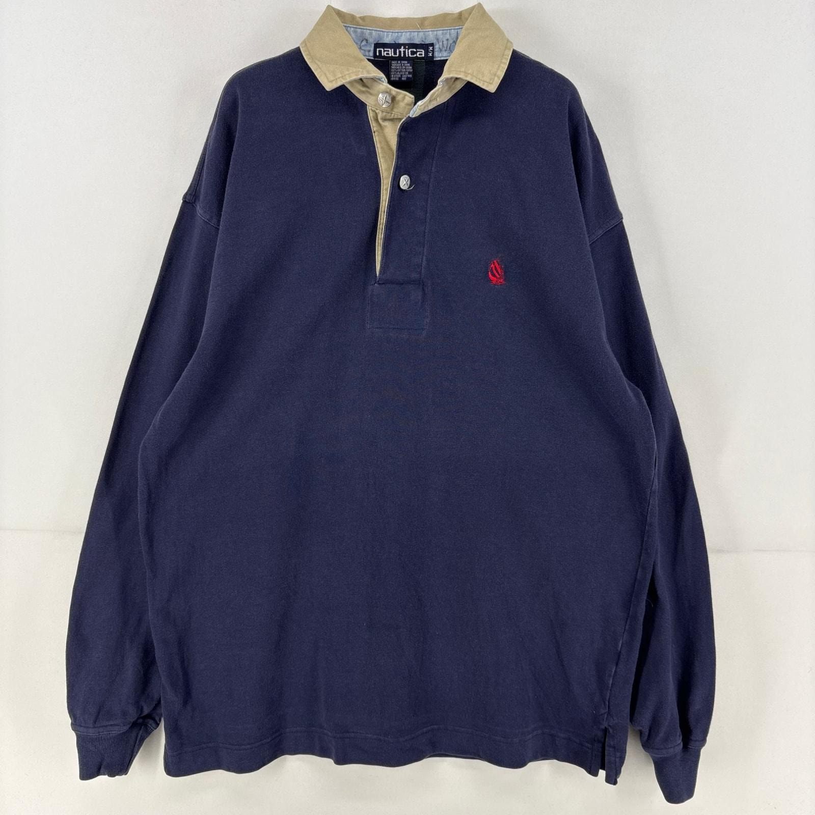 古着 90's/90年代 ノーティカ NAUTICA 長袖シャツ ワンポイント ラガーシャツ ロゴ 刺繍 M ネイビー メンズ