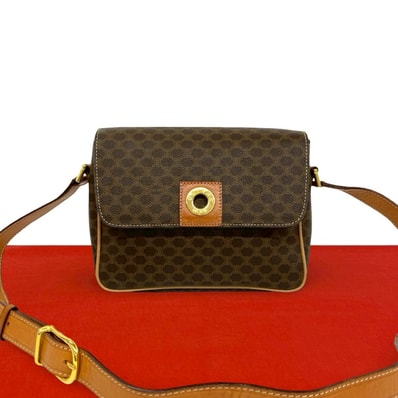 CELINE セリーヌ マカダム ブラゾン ロゴ 柄 サークルロゴ 金具 レザー PVC ショルダーバッグ ブラウン
65703