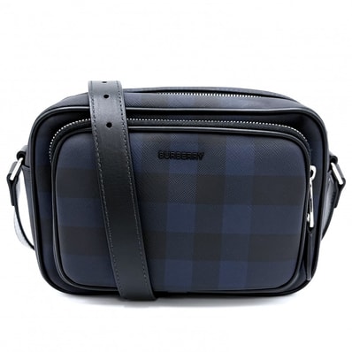 BURBERRY バーバリー ショルダーバッグ チェック パディバッグ 肩掛け 斜め掛け 8073271 コーティングキャンバス ネイビー 紺 ブラック 黒 シルバー金具 メンズ【中古品】