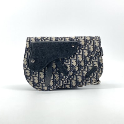 Christian Dior(クリスチャンディオール) Saddle フラップ付 オブリーク×グレインドカーフスキン ショルダーバッグ ネイビー×ブラック