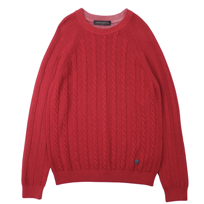 【極美品】LOUIS VUITTON ルイ・ヴィトン 長袖セーター サイズ XL メンズ ケーブルニット ウール × カシミヤ LV ロゴ レザーパッチ プルオーバー トップス レッド 赤 イタリア製