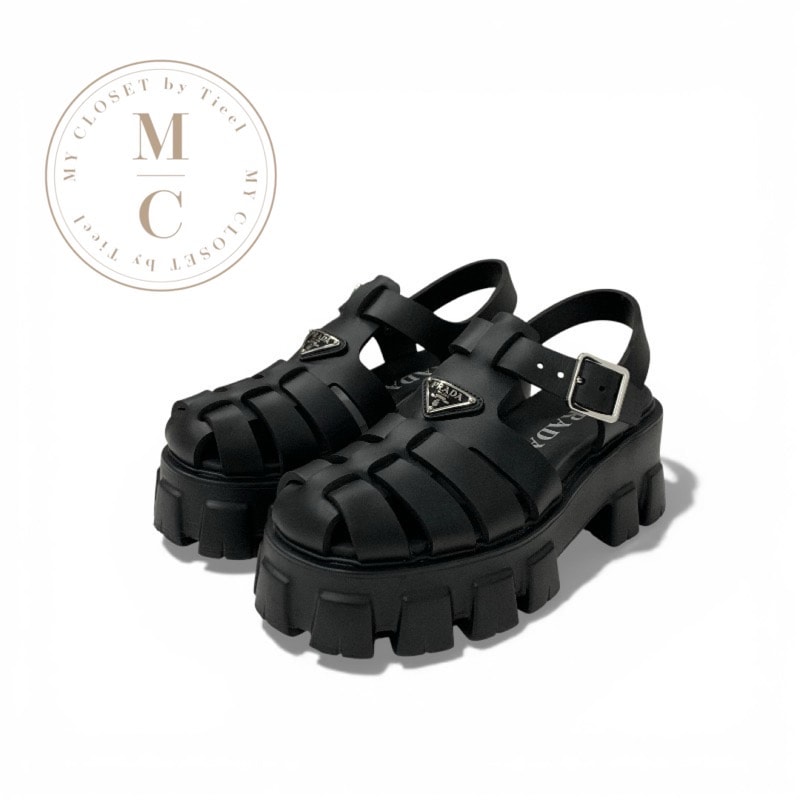 プラダ PRADA モノリス サンダル 靴 シューズ ラバー ブラック 黒 ストラップ トライアングルロゴ