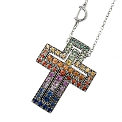 Damiani ダミアーニ ネックレス ベルエポック Sサイズ クロスモチーフ ペンダント アクセサリー アジャスター付き ジュエリー K18ホワイトゴールド レインボーサファイア マルチカラー レディース 約12.2g【中古品】