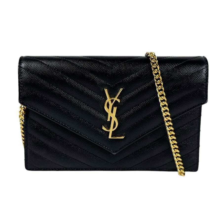 サンローラン SAINT LAURENT  カサンドラ エンベロープ チェーンウォレット レザー ブラック ゴールド レディース 393956【中古】 z11260