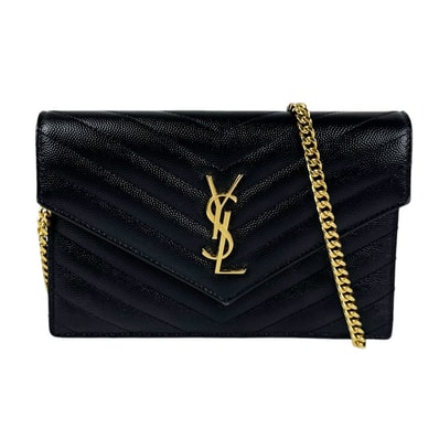 サンローラン SAINT LAURENT カサンドラ エンベロープ チェーンウォレット レザー ブラック ゴールド レディース 393956【中古】 z11260