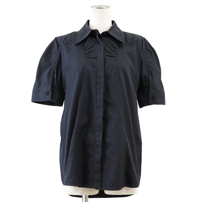 【SALE】JIL SANDER ジルサンダー カットソー サイズ 32 レディース 2022年製 半袖 フライフロント ギャザー コットン100% シャツ トップス ネイビー 紺 イタリア製